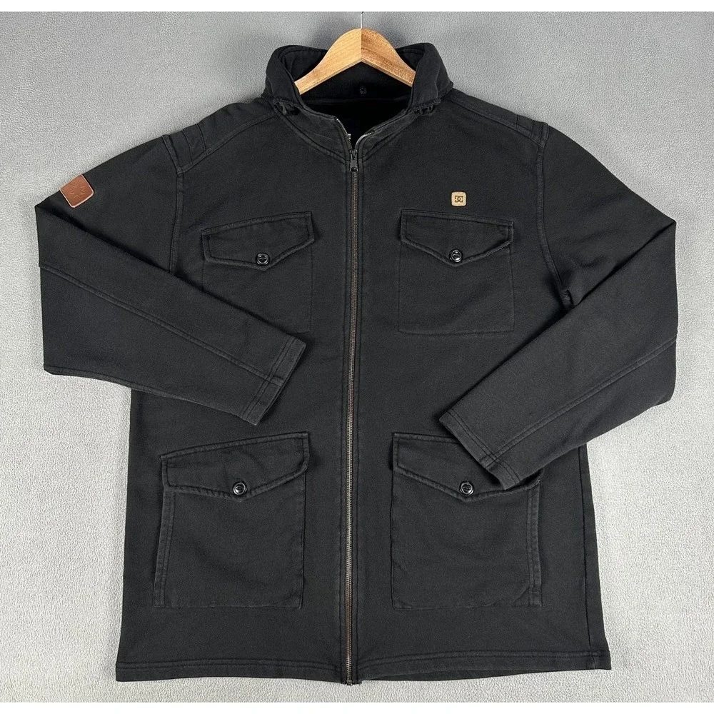 DC Shoes Jacket Mens XL Black Full Distressed Faded Military Field Skate Dyrdek